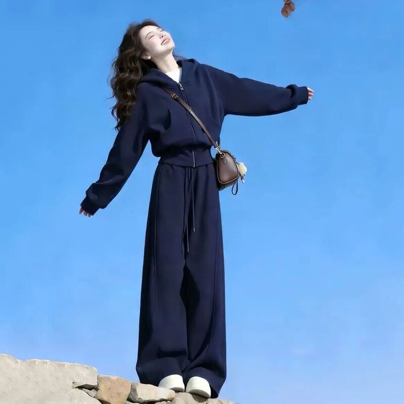High-End Commuter Casual Sports Suit for Women, Autumn and Winter Korean Fashion Loose Jacket and Wide-Leg Pants Two-Piece Set Trendy