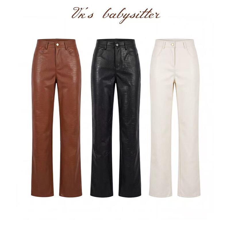 Vk'Narrow and Straight' Crocodile Pattern Pu Pants Slim Fit Straight Leather Pants High Waist Slimming Leg-Lengthening Magic Versatile Fashion