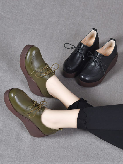牛皮厚底复古鞋2025秋新款松糕跟女单鞋英伦坡跟高跟休闲女鞋皮鞋