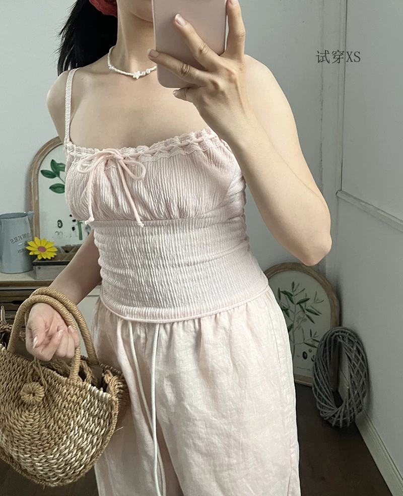 Камерзалетка (camisole) с французским кружевом и бантом, плиссированная, хлопковый стиль, узкая
