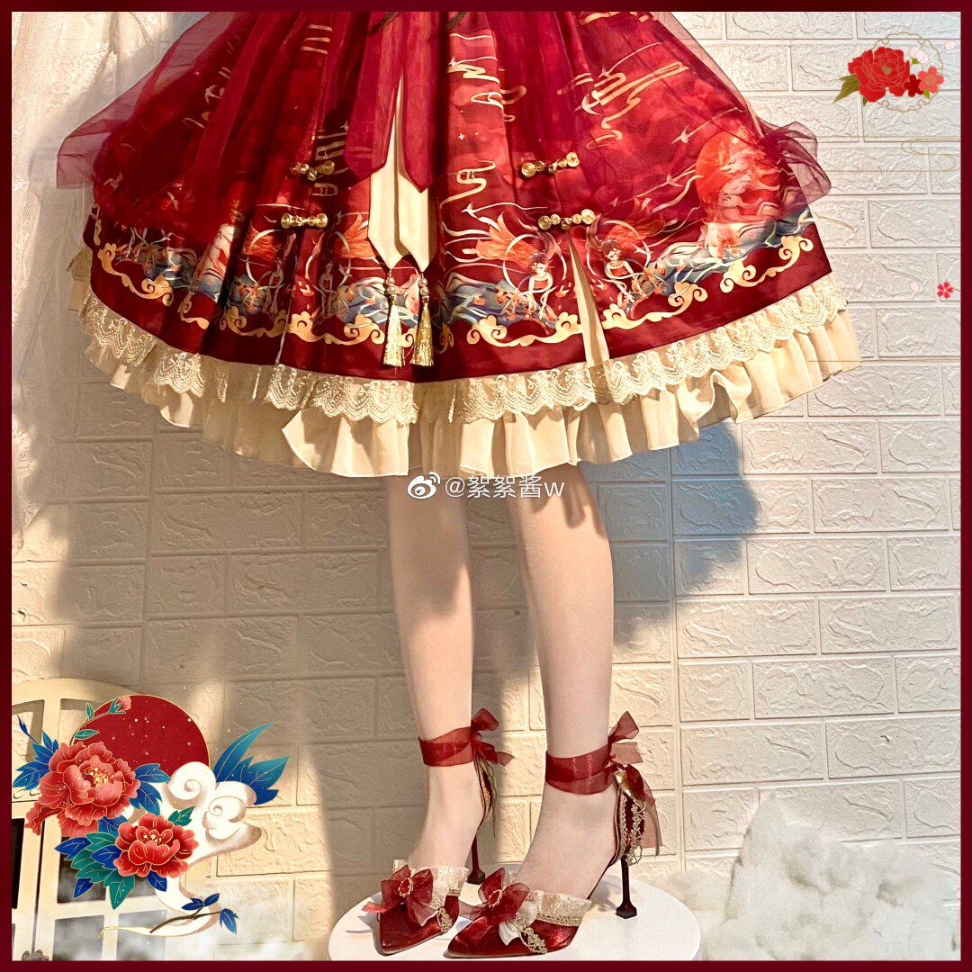Обувь 原创设计lolita手作太炎兽高跟鞋婚鞋中华风花嫁鞋酒红茶会尖头鞋 Original design