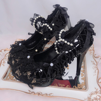taobao agent Hanzi Jiao language independent design original lolita black high -heeled shoes Twilight Lolita flower granting shoes