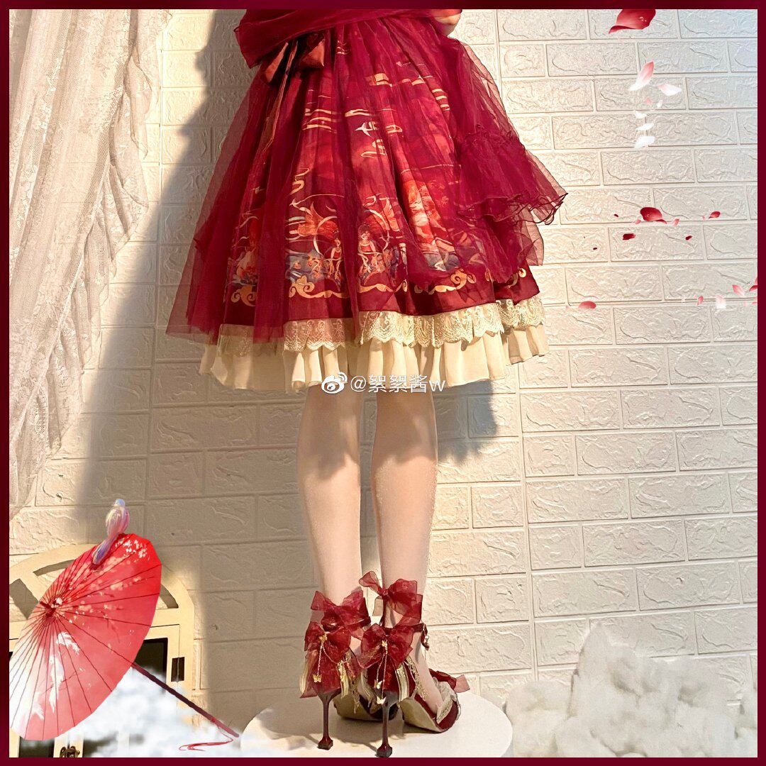 Обувь 原创设计lolita手作太炎兽高跟鞋婚鞋中华风花嫁鞋酒红茶会尖头鞋 Original design