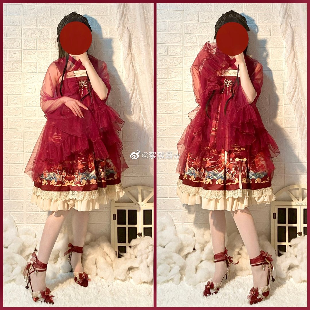 Обувь 原创设计lolita手作太炎兽高跟鞋婚鞋中华风花嫁鞋酒红茶会尖头鞋 Original design