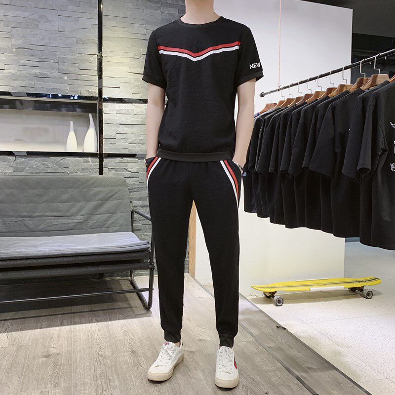 Bottom Simple Breakfast Casual Set Boys Tide Summer Trend Handy Two Men Linen Short Sleeve T-Shirts