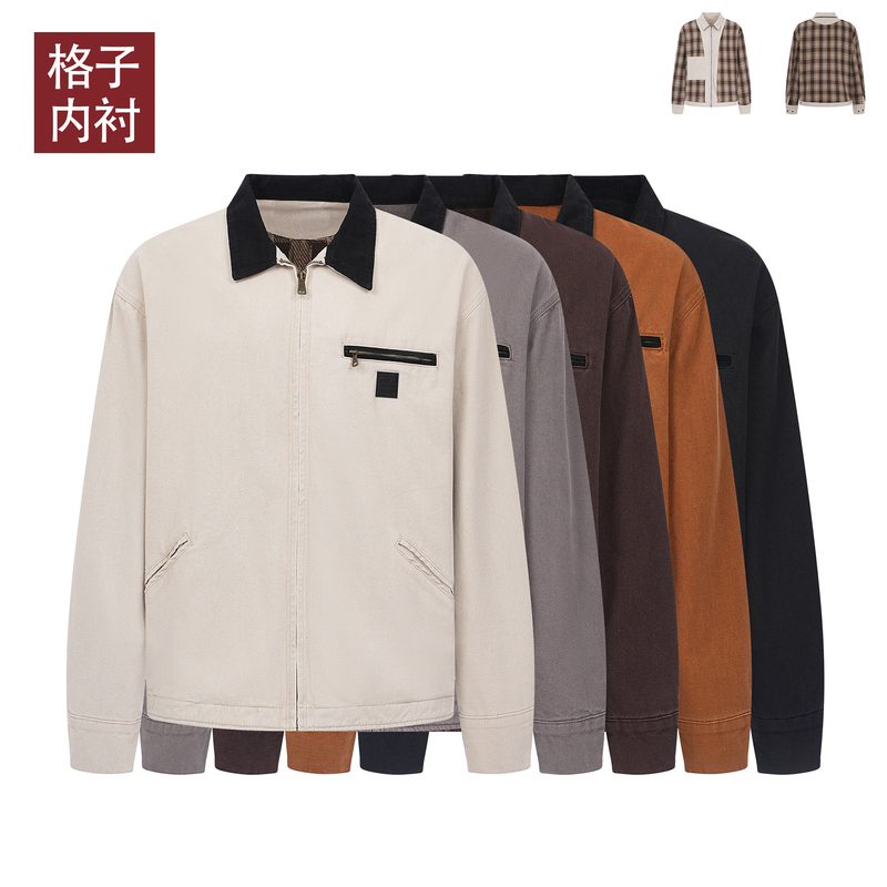 Gugr【Loose Fit】Classic American Detroit Jacket for Men, Patchwork Plaid Lined Short Workwear Jacket