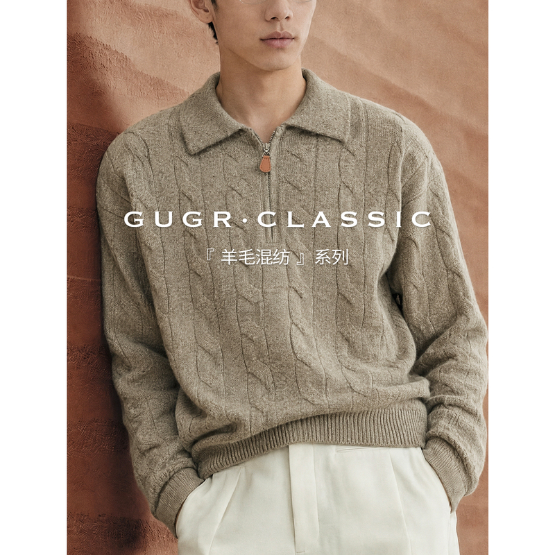 Gugr【Wool Blend】Vintage Half-Zip Polo Collar Knit Sweater for Men, Autumn Old Money Style Loose Sweater Gugr【Wool Blend】Vintage Half-Zip Polo Collar Knit Sweater for Men, Autumn Old Money Style Loose Sweater