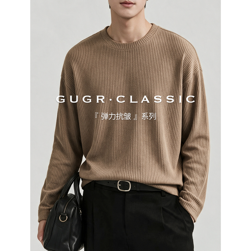 Gugr【Stretch Anti-Wrinkle】Old Money Style Vertical Stripe Textured Crew Neck Long Sleeve T-Shirt for Men, Autumn Inner Layer Top