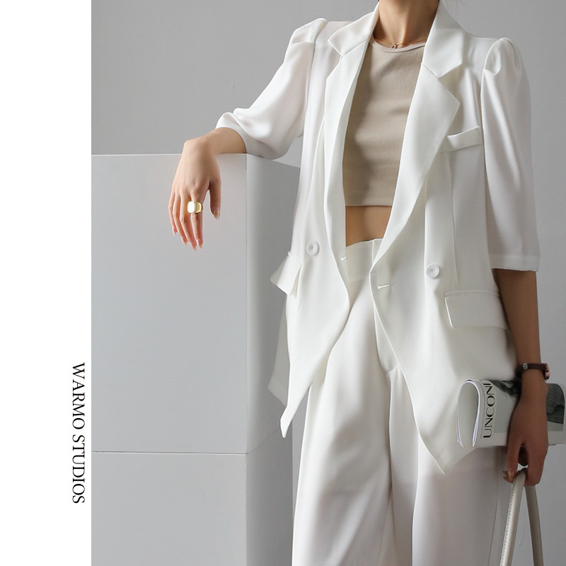 Warmo chiffon small suit jacket women's three-quarter sleeves 2022 summer thin suit drape floor mopping wide-leg pants