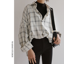 Warmo 2022 spring and autumn white plaid shirt long-sleeved casual loose slim lapel mid-length shirt women