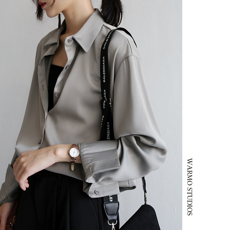 Warmo Jiangnuan 2021 spring and autumn simple gray long-sleeved shirt women's loose Hong Kong flavor wild OL shirt top