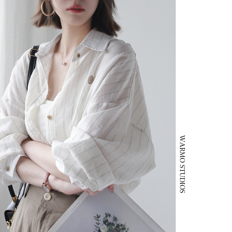 Warmo2026 Summer Thin Loose Sun Protection Clothing Striped Cotton and Linen Long-Sleeved Shirt Women's Mid-Length Outer Top Warmo2026 Summer Thin Loose Sun Protection Clothing Striped Cotton and Linen Long-Sleeved Shirt Women's Mid-Length Outer Top