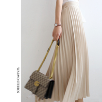 Warmo Hong Kong style retro acetate high waist slimming pleated skirt womens mid-length summer skirt with long skirt drape