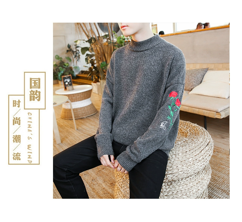 Mùa đông thêu phong cách Trung Quốc áo len cao cổ nam cộng với phân bón XL lỏng áo len thủy triều nam quần áo áo sơ mi