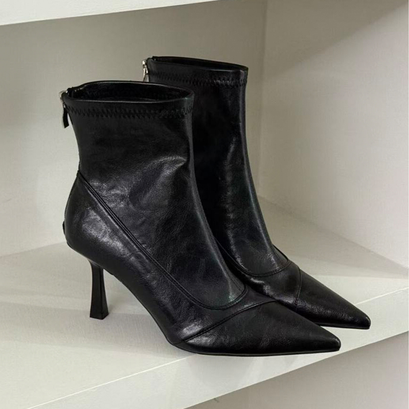 Pointed Toe Short Boots for Women, High Heels, Stiletto Heels, Back Zipper, Splicing, 2025 New Korean Style, Autumn and Winter, Black Elastic Slim Boots Pointed Toe Short Boots for Women, High Heels, Stiletto Heels, Back Zipper, Splicing, 2025 New Korean Style, Autumn and Winter, Black Elastic Slim Boots