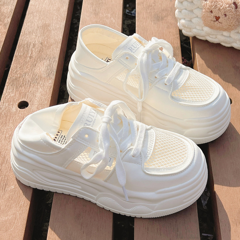 High-End Thick-Soled White Sneakers for Women, Summer Breathable Mesh Two-Way Wear Half-Slippers, Paired with Wide-Leg Pants, Sports Casual Sneakers