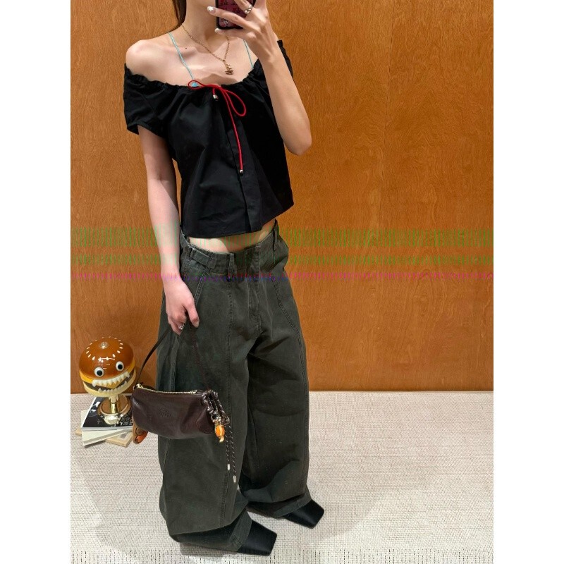 Black Sweet and Cool Drawstring Tie-Up Puff Sleeve Short Top Slimming Shirt Black Sweet and Cool Drawstring Tie-Up Puff Sleeve Short Top Slimming Shirt