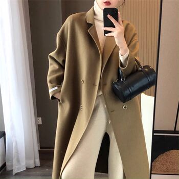 篙端~100羊毛！秋冬英伦风气质百搭中长款四粒扣双面呢大衣外套女