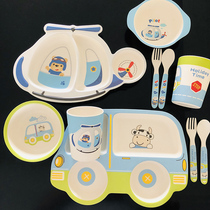 Export bamboo fiber childrens tableware plate grid Cartoon baby toddler cute car baby auxiliary food bowl set