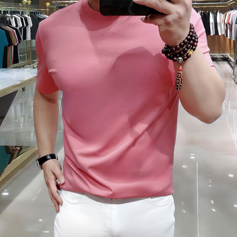 Real Ice Silk Smooth Material Double Mercerized Cotton T-Shirt for Men, Pink Short-Sleeved, Cool Feeling, Large Size, Quick-Drying, Summer Thin Base Shirt for Young People