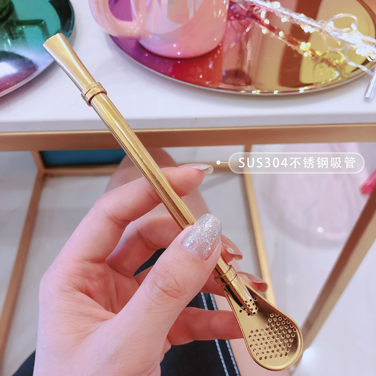 ins net red 304 stainless steel straw spoon dual-purpose coffee stirring spoon mate tea spoon flower tea residue filter drinking tube