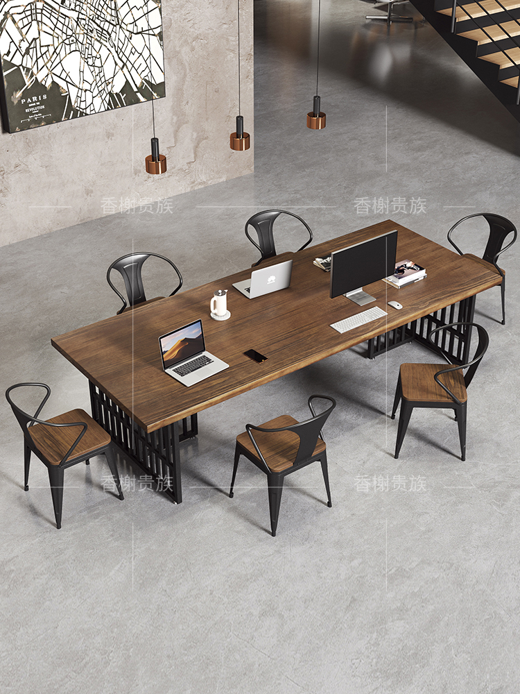 Solid wood conference table long table industrial style office furniture rectangular large table retro negotiation table and chair combination