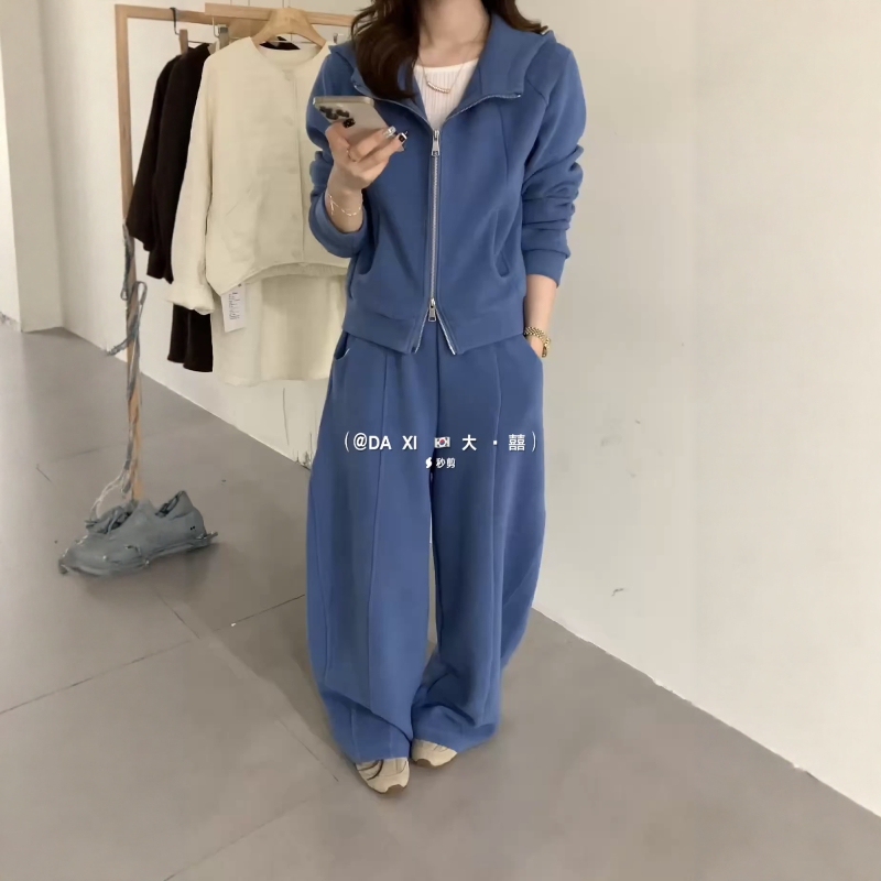 Hooded Cashmere Sweatshirt + High-Waisted Wide-Leg Pants Two-Piece Set for Women 2026 Autumn New Korean Fashion Casual Suit