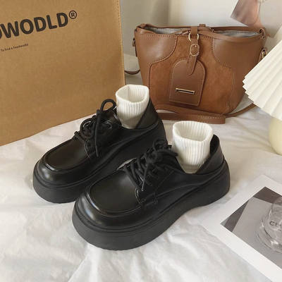 2026 new retro black single shoe women's round-toe lace-up versatile cake thick-soled loafers British-style small leather shoes