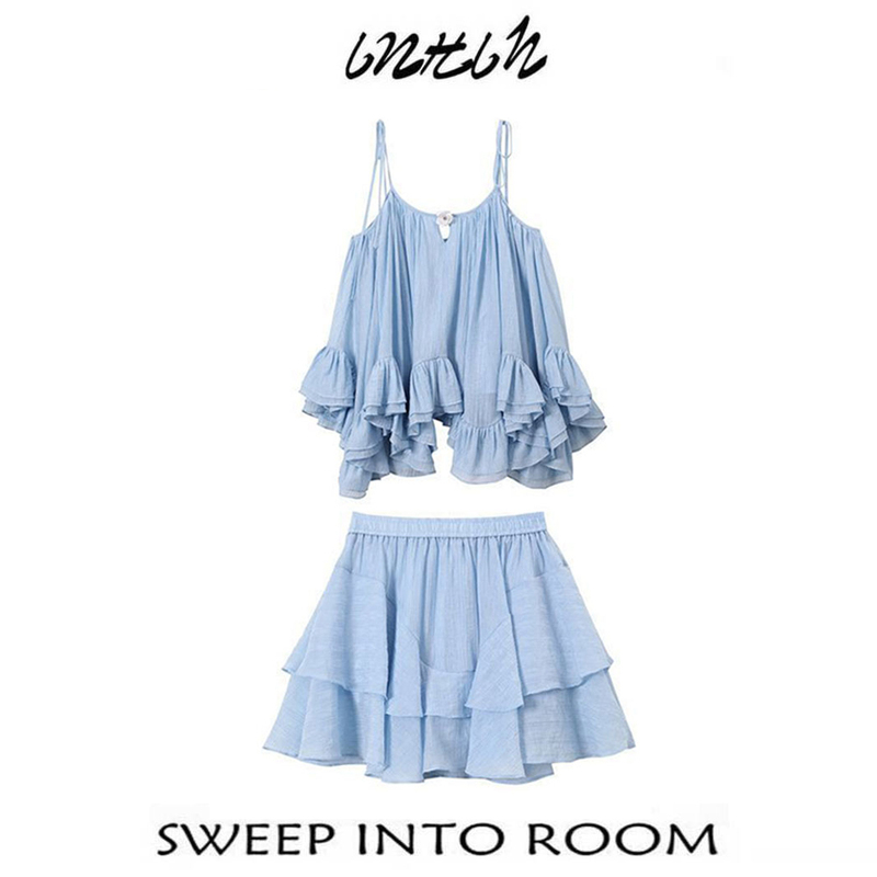 2025 New Pure and Fresh Summer Outfit Blue Beach Skirt Set for Women with Backless Irregular Straps Layered Two-Piece Set