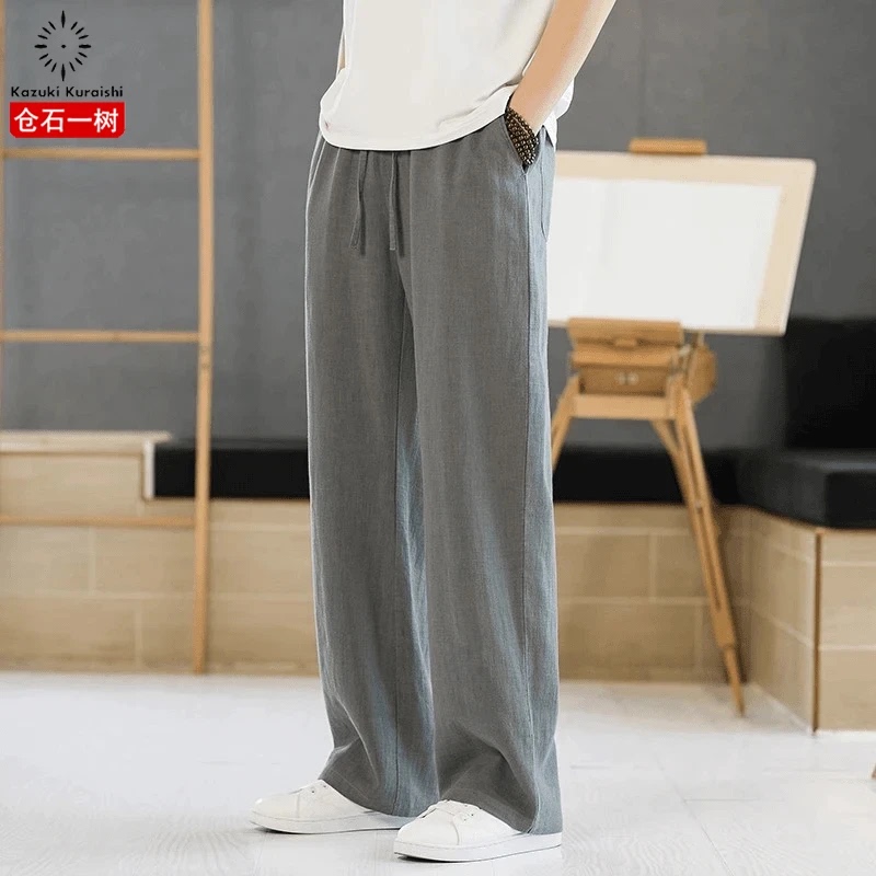 Kangshi Yishu Trendy Linen Pants for Men, Summer Thin Straight-Leg Chinese Style Men's Cotton-Linen Wide-Leg Casual Pants