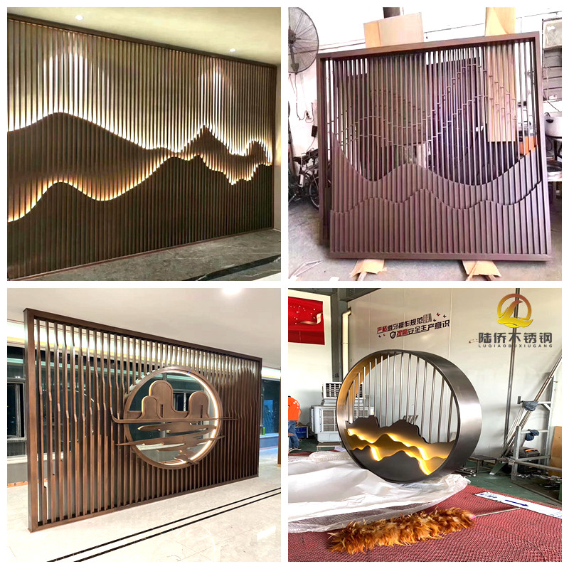 Custom Stainless Steel Screen Partition Hotel Lobby Decoration Metal Ancient Bronze Color Grilles Landscape Painting Fake Mountain Background Wall 