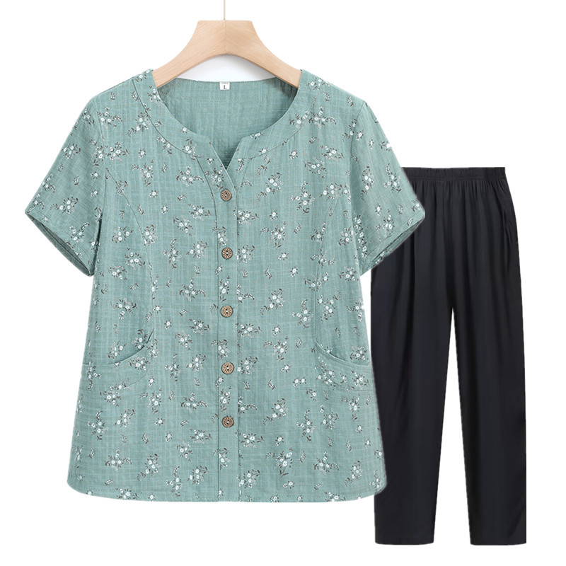 Grandma's Pure Cotton Short-Sleeved Shirt, Elderly Women's Summer Cotton and Linen Top, 60-Year-Old Wife's Summer Clothes for the Elderly