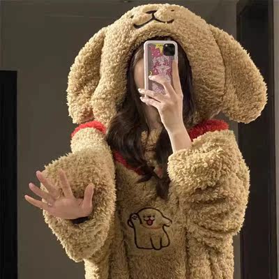 Winter line little dog one-piece pajamas for women, thickened coral fleece for warmth, winter cartoon and funny nightgown for men, little bear
