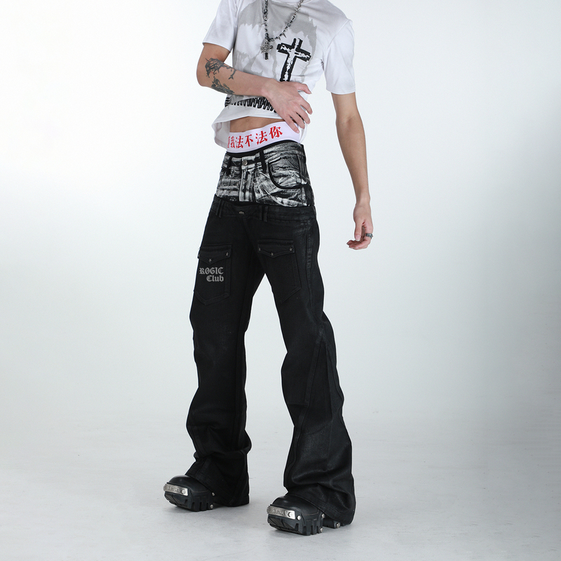 Rogic # Slanted Double Waistband Jeans with Waxed Distressed Stitching and Embroidery, Flared Pants for Men and Women, Subculture Punk Trousers Rogic # Slanted Double Waistband Jeans with Waxed Distressed Stitching and Embroidery, Flared Pants for Men and Women, Subculture Punk Trousers