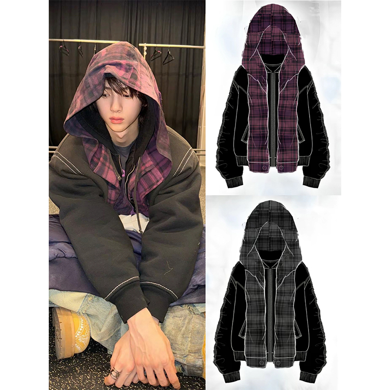 Cortis Same Style Retro Spring and Autumn Plaid Patchwork Color-Block Hooded Workwear Jacket for Men, Original Trendy Brand