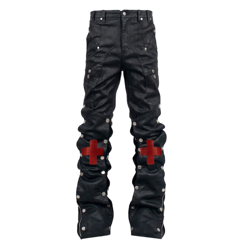 Rogic # 13-Ounce Heavy Waxed Denim Punk Subculture Cross-Deconstructed Patchwork Flared Pants for Men.