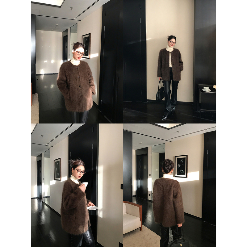 Aau Store Chalatu Island High-End Cashmere Coat for Women, Mulberry Silk Wool Brushed Woolen Coat