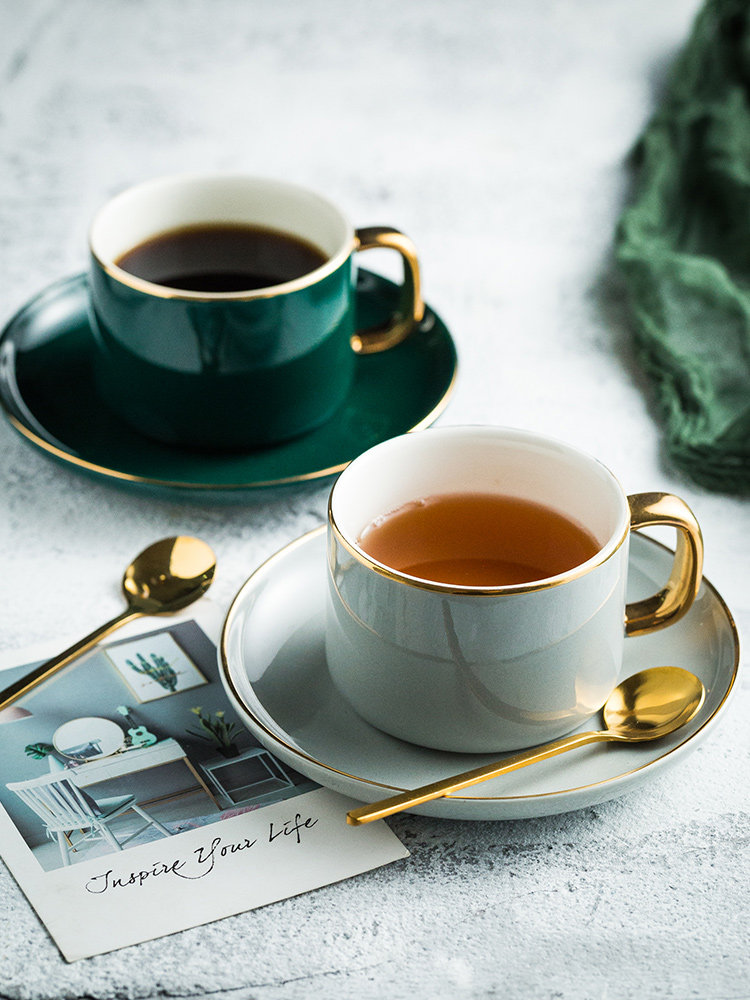 Gold Rim Ceramic Coffee Cup & Saucer Set – Small Luxury Tea Cup with Spoon, Elegant Home Drinkware for Afternoon Tea or Daily Use