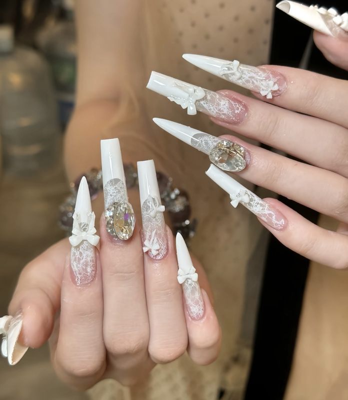 【Wedding Dress】High-Quality Replica Lace Wedding Nails with Bow, Handmade Wearable Nails, French-Style High-End Nail Art, Fake Nails