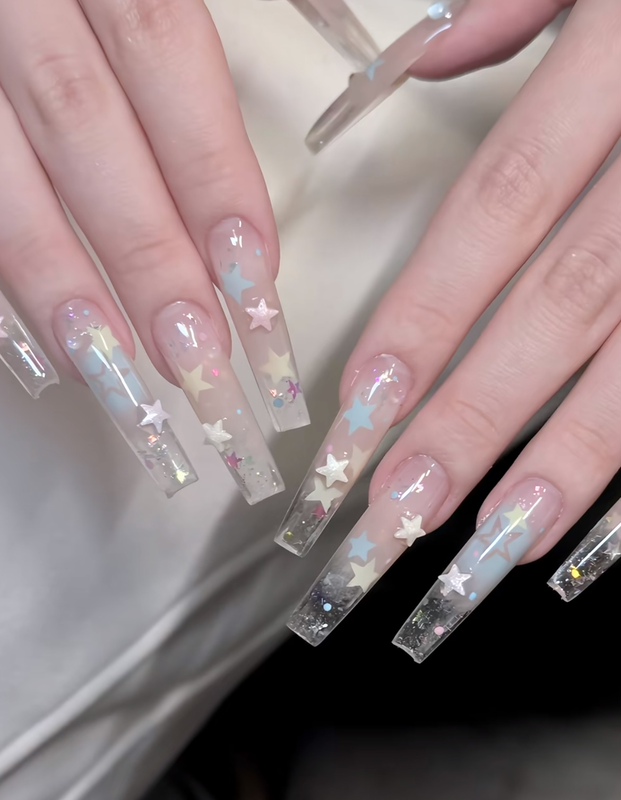 【Summer Night Stars】Purely Handmade Wearable Nails with a Translucent, Luxurious, and Elegant Vibe That Enhances Complexion, Long-Style Nail Art
