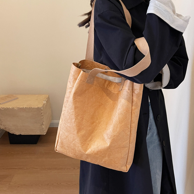 Custom Crumpled Wash Tyvek Paper Bags - Eco-Friendly Kraft Color Shopping Tote Bags With Custom Logo Printing - Thumbnail 4