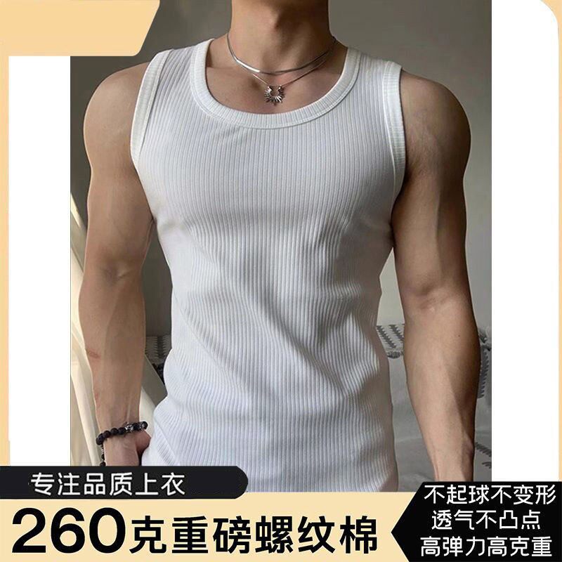 白色粗螺纹坎肩背心男款夏季修身显肌肉无袖T恤美式健身运动汗衫