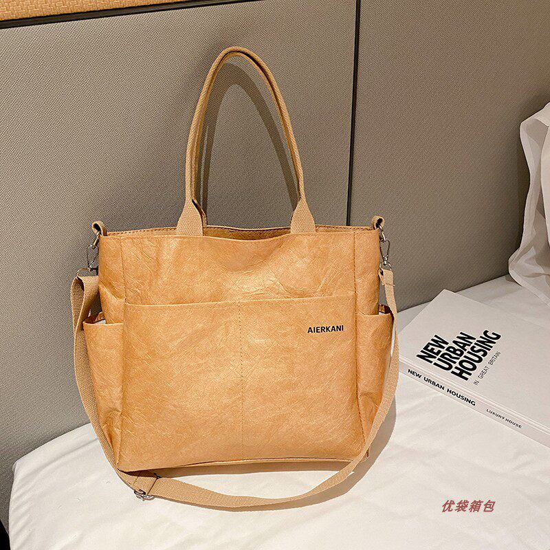 Large-Capacity Washed Tyvek Tote Bag, Custom Logo Canvas-Style Shoulder Bag for Commuting - Thumbnail 3