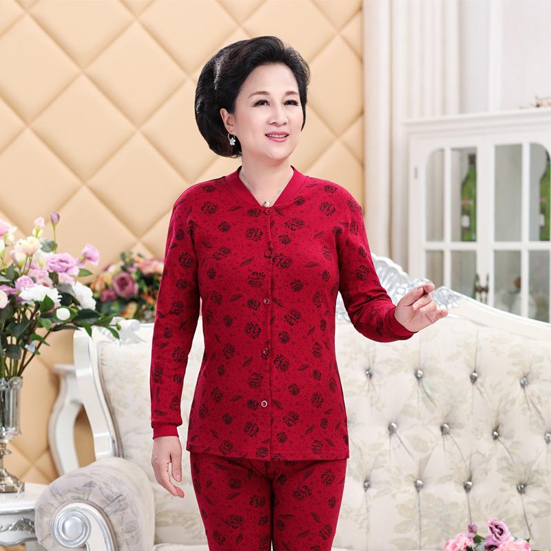 bộ đồ lót cardigan ấm già trung niên womens bông quần mùa thu mẹ già phụ nữ bà quần dòng dòng mỏng