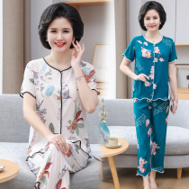 Cotton silk suit womens cardigan short-sleeved two-piece set cotton silk mother rayon home clothes can be worn out thin middle-aged summer