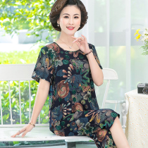 Middle-aged and elderly pajamas womens cotton silk two-piece summer cotton silk man-made cotton suit mothers home clothes can be worn loose