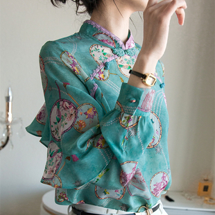 中国风气质改良旗袍上衣女春季立领复古盘扣荷叶边设计感长袖衬衫
