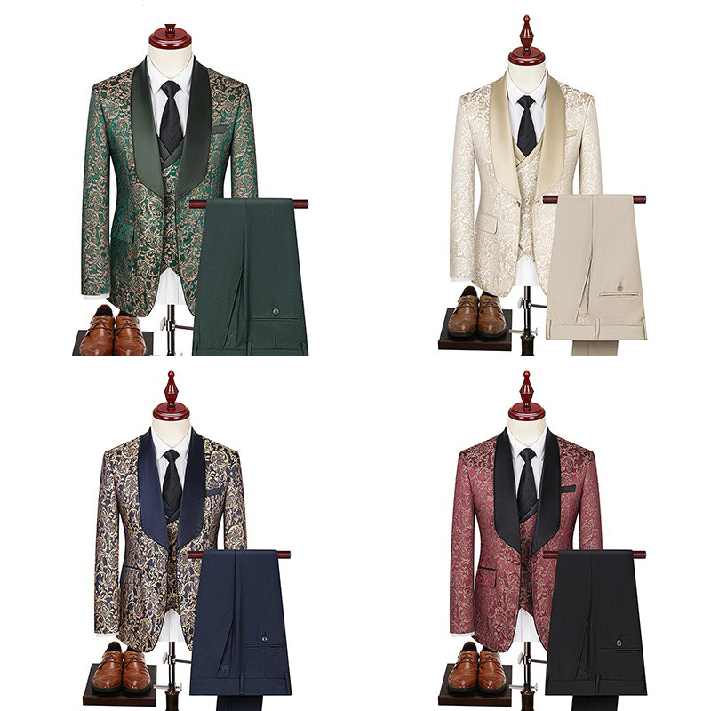 High-End Men's Suit Set with Floral Pattern, Korean Style Host Performance Dress, Wedding Groom Outfit, Three-Piece Suit