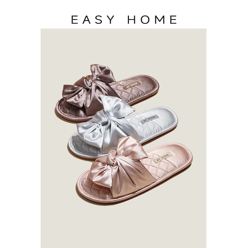 Japanese-Style Bow Satin Slippers for Women, Indoor Home Use, High-End Luxury Silk Satin, Summer Soft Sole, Household Spring and Autumn Style Japanese-Style Bow Satin Slippers for Women, Indoor Home Use, High-End Luxury Silk Satin, Summer Soft Sole, Household Spring and Autumn Style