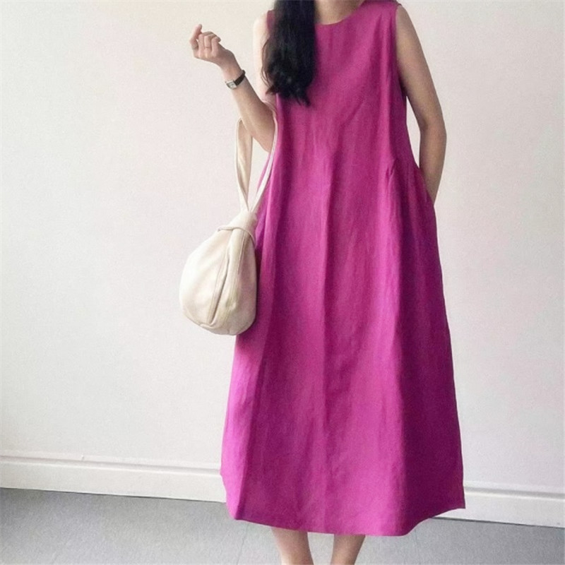 Korean Chic Sleeveless Vest Loose Slimming Over-The-Knee Dress for Women 2023 Summer Long Cotton and Linen Dress Korean Chic Sleeveless Vest Loose Slimming Over-The-Knee Dress for Women 2023 Summer Long Cotton and Linen Dress
